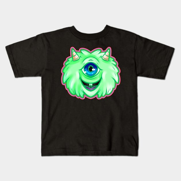 Fluffy Green One Eyed Monster With Horns Halloween Kids T-Shirt by SinBle